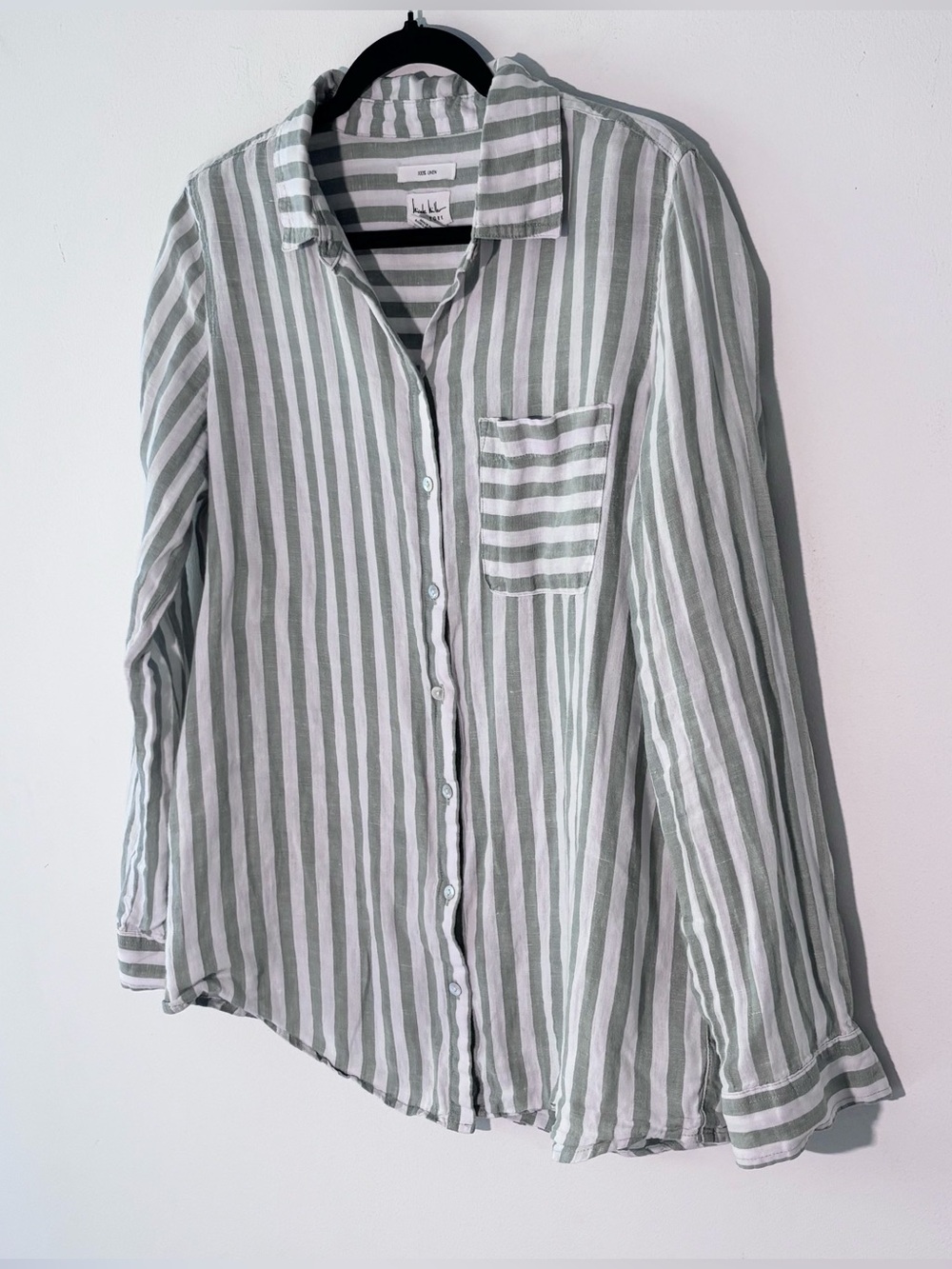 Nicole Miller 100% linen green white striped button down shirt summer medium